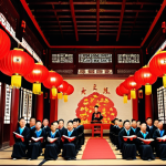 **

A village choir singing in a traditional Chinese ancestral hall during Chinese New Year. The scene should evoke nostalgia and a sense of timeless cultural heritage. Aim for a warm, inviting atmosphere with traditional lanterns and decorations.

**