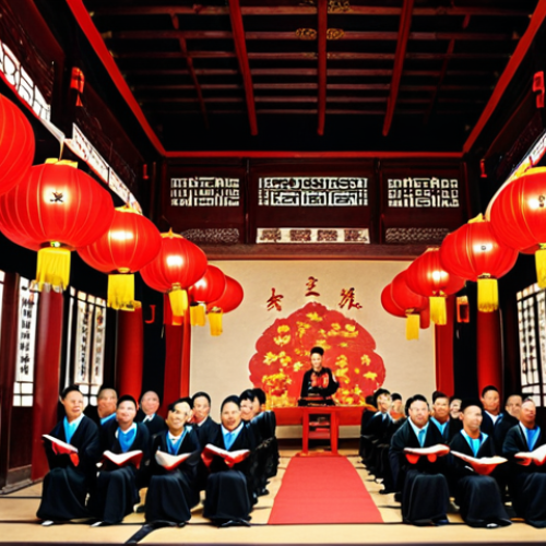 **

A village choir singing in a traditional Chinese ancestral hall during Chinese New Year. The scene should evoke nostalgia and a sense of timeless cultural heritage. Aim for a warm, inviting atmosphere with traditional lanterns and decorations.

**