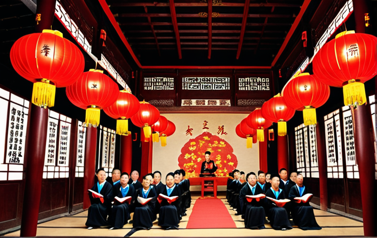 **

A village choir singing in a traditional Chinese ancestral hall during Chinese New Year. The scene should evoke nostalgia and a sense of timeless cultural heritage. Aim for a warm, inviting atmosphere with traditional lanterns and decorations.

**
