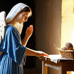 **

A serene painting depicting the Virgin Mary, a young Galilean woman, receiving the Annunciation. Focus on her expression of humble acceptance and the radiant light emanating from the angel. Depict a simple, rustic setting reflecting early Christian times.

**