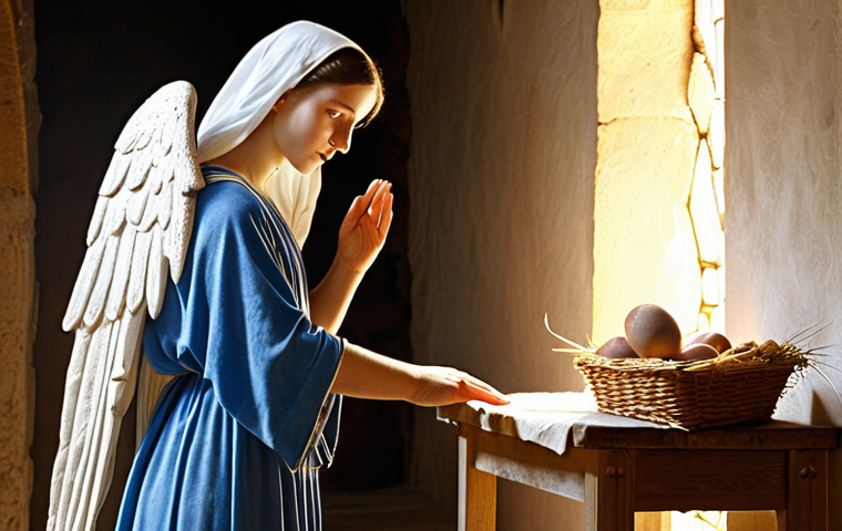 **

A serene painting depicting the Virgin Mary, a young Galilean woman, receiving the Annunciation. Focus on her expression of humble acceptance and the radiant light emanating from the angel. Depict a simple, rustic setting reflecting early Christian times.

**