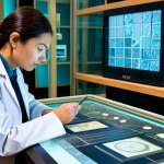 A professional historian or scientist in a modest, appropriate lab coat, intently examining an ancient, revered sacred relic, such as a delicate scroll fragment, with a high-powered microscope. The relic rests within a secure, climate-controlled museum exhibit case, partially illuminated by scientific instruments. In the background, a sleek computer screen displays complex data visualizations, suggesting carbon-14 dating results or DNA analysis, symbolizing the intersection of ancient history and modern scientific verification. The scene conveys a contemplative and analytical mood, showcasing the delicate balance between traditional reverence and scientific scrutiny. The subject has perfect anatomy, correct proportions, natural body proportions, well-formed hands, and a proper finger count, in a natural pose. This is a high-quality, professional photograph, fully clothed, safe for work, appropriate content, modest, family-friendly.