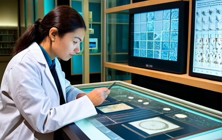 A professional historian or scientist in a modest, appropriate lab coat, intently examining an ancient, revered sacred relic, such as a delicate scroll fragment, with a high-powered microscope. The relic rests within a secure, climate-controlled museum exhibit case, partially illuminated by scientific instruments. In the background, a sleek computer screen displays complex data visualizations, suggesting carbon-14 dating results or DNA analysis, symbolizing the intersection of ancient history and modern scientific verification. The scene conveys a contemplative and analytical mood, showcasing the delicate balance between traditional reverence and scientific scrutiny. The subject has perfect anatomy, correct proportions, natural body proportions, well-formed hands, and a proper finger count, in a natural pose. This is a high-quality, professional photograph, fully clothed, safe for work, appropriate content, modest, family-friendly.