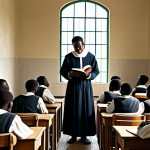 **

A Catholic missionary, fully clothed in modest robes, gently teaching a group of freed African slaves to read from a Bible. The scene is set in a simple, sunlit schoolroom in the 19th century. Appropriate attire, safe for work, perfect anatomy, natural proportions, family-friendly, professional illustration.

**