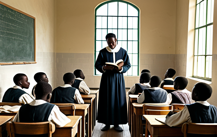 **

A Catholic missionary, fully clothed in modest robes, gently teaching a group of freed African slaves to read from a Bible. The scene is set in a simple, sunlit schoolroom in the 19th century. Appropriate attire, safe for work, perfect anatomy, natural proportions, family-friendly, professional illustration.

**