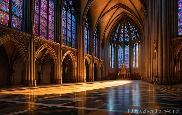 가톨릭과 예술의 만남 - **Gothic Cathedral of Light** An awe-inspiring, hyper-realistic shot of the interior of a majest...