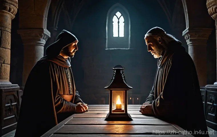 카톨릭 교회의 이단 심문 역사 - **Prompt:** A solemn and historically accurate depiction of a medieval Inquisition court. Three ster...