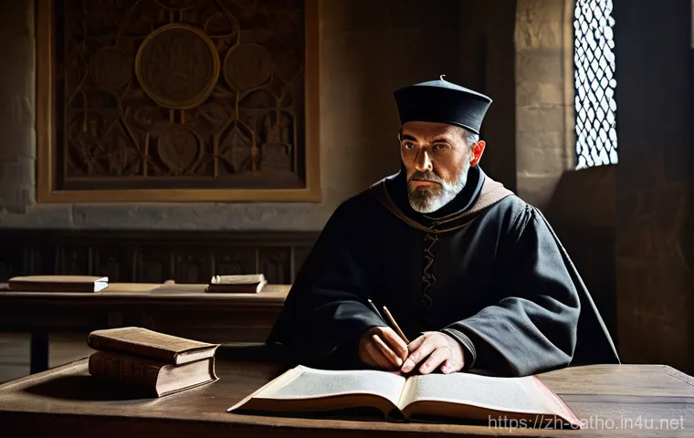 카톨릭 교회의 이단 심문 역사 - **Prompt:** A solemn and historically accurate depiction of a medieval Inquisition court. Three ster...