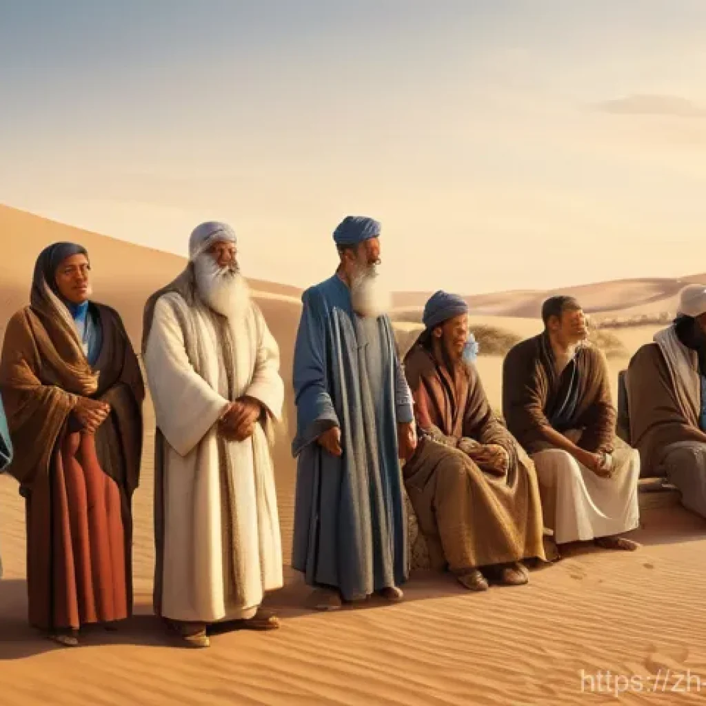 가톨릭과 유대교의 역사적 관계 - An ancient desert scene, reminiscent of the early days of faith. An elderly, wise patriarch figure, ...