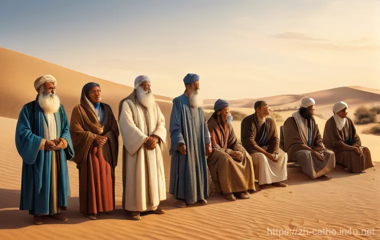 가톨릭과 유대교의 역사적 관계 - An ancient desert scene, reminiscent of the early days of faith. An elderly, wise patriarch figure, ...