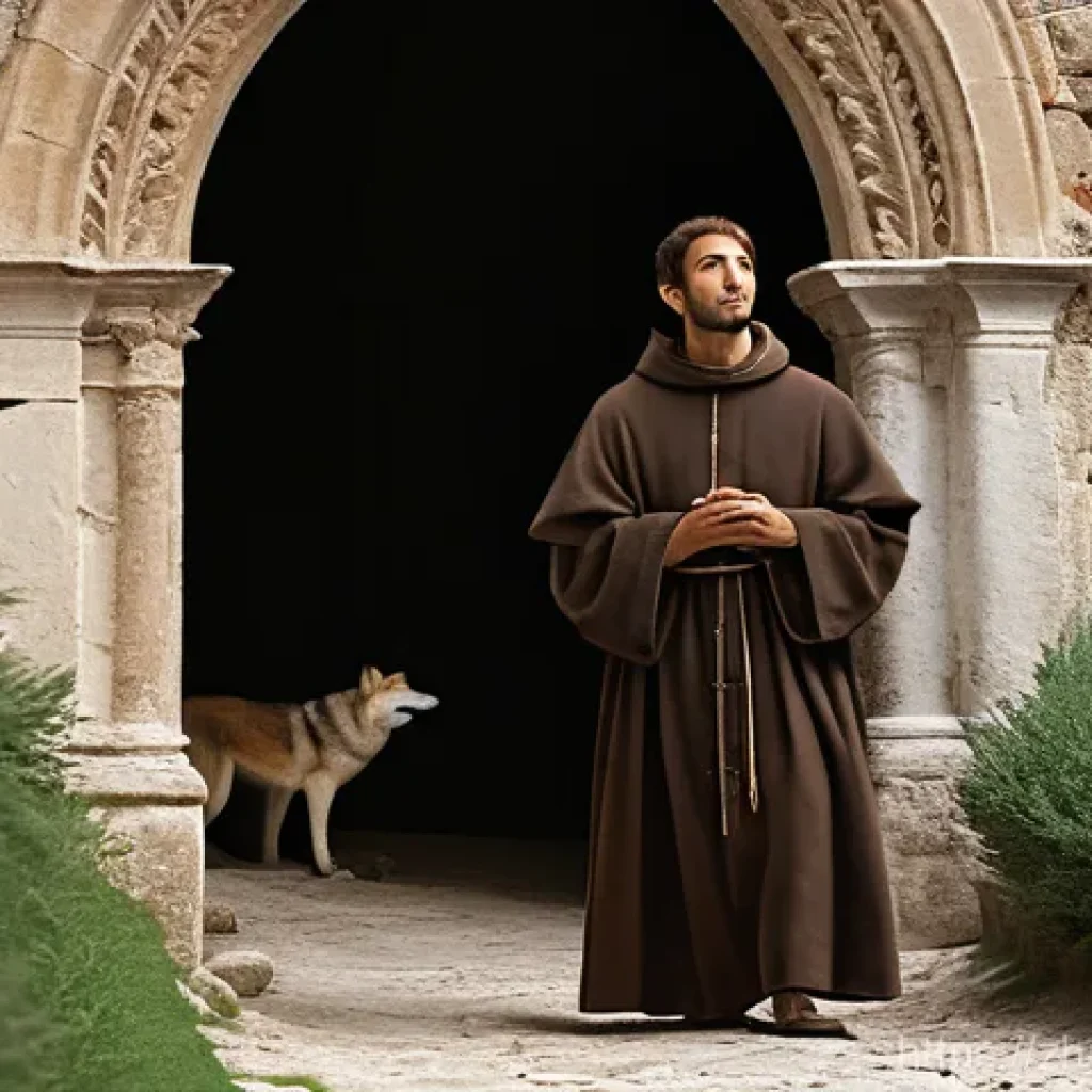 성 프란치스코와 동물의 수호 - **Prompt:** A serene and compassionate Saint Francis of Assisi, dressed in simple, humble brown robe...