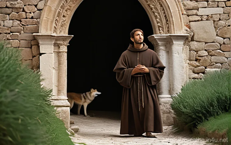 성 프란치스코와 동물의 수호 - **Prompt:** A serene and compassionate Saint Francis of Assisi, dressed in simple, humble brown robe...