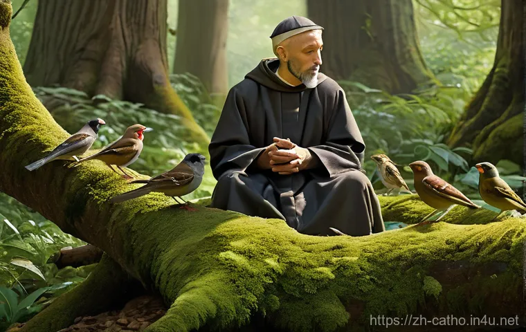 성 프란치스코와 동물의 수호 - **Prompt:** A serene and compassionate Saint Francis of Assisi, dressed in simple, humble brown robe...