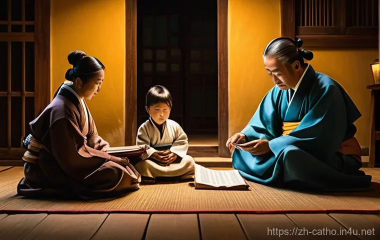 한국 최초의 성당들 - **Prompt:** "A group of determined 18th-century Korean scholars and pioneers, dressed in traditional...