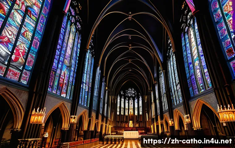 가톨릭 성당 건축의 양식 - Gothic Cathedral Interior** A breathtaking interior view of a magnificent Gothic cathedral, emphasi...