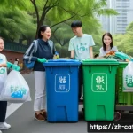 카톨릭의 환경 보호 노력 - A vibrant community environmental cleanup event organized by a Catholic church in a modern Chinese c...