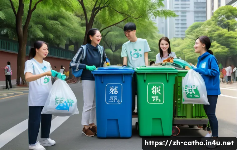 카톨릭의 환경 보호 노력 - A vibrant community environmental cleanup event organized by a Catholic church in a modern Chinese c...