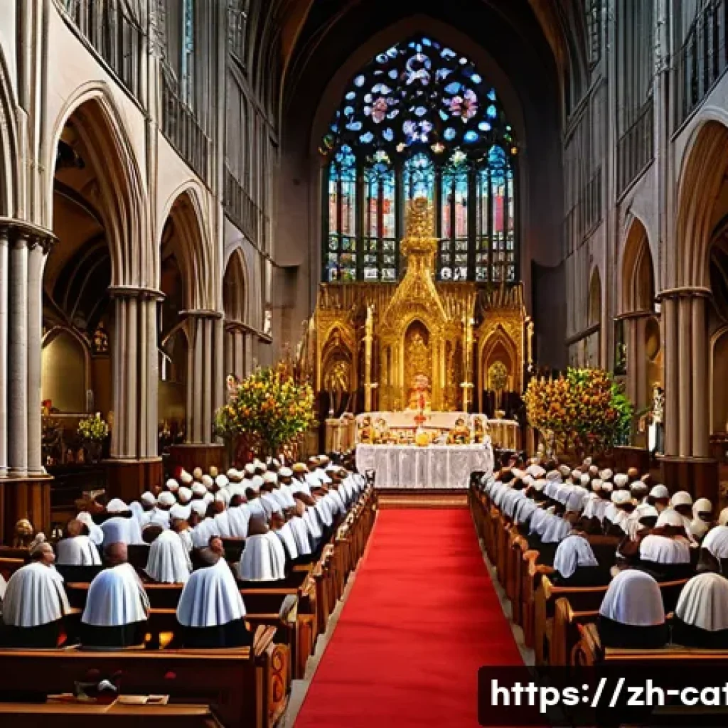 가톨릭과 개신교의 차이 - A grand Catholic Mass ceremony inside a majestic cathedral with ornate stained glass windows, golden...