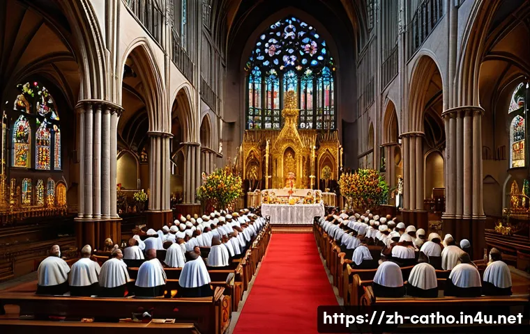 가톨릭과 개신교의 차이 - A grand Catholic Mass ceremony inside a majestic cathedral with ornate stained glass windows, golden...