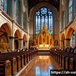 가톨릭과 이슬람교의 역사적 관계 - A majestic Renaissance-era Catholic cathedral interior bathed in warm sunlight filtering through vib...
