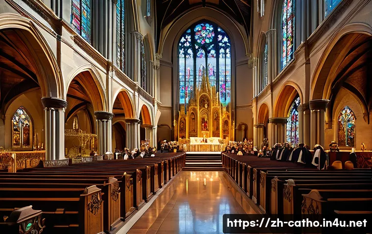 가톨릭과 이슬람교의 역사적 관계 - A majestic Renaissance-era Catholic cathedral interior bathed in warm sunlight filtering through vib...