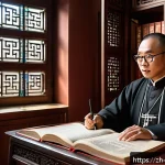 가톨릭과 성서 번역 역사 - A scholarly translation team in a historic Chinese study room, featuring diverse members including a...