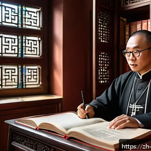 가톨릭과 성서 번역 역사 - A scholarly translation team in a historic Chinese study room, featuring diverse members including a...
