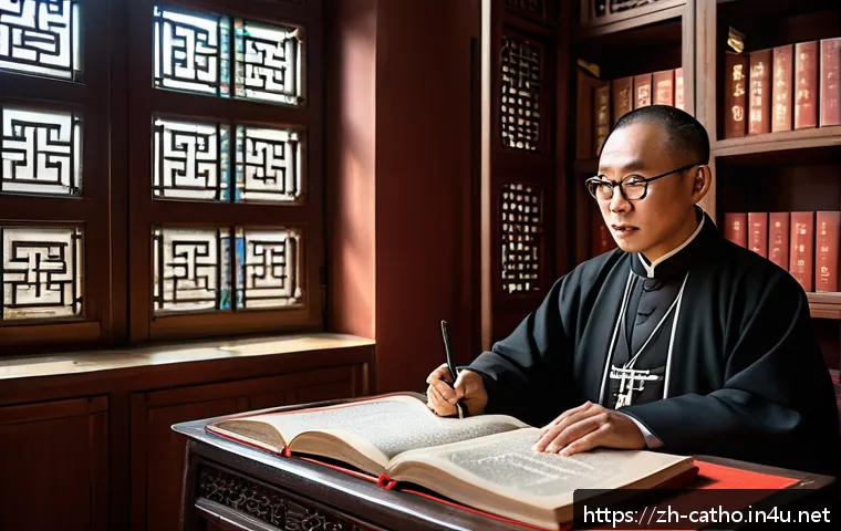 가톨릭과 성서 번역 역사 - A scholarly translation team in a historic Chinese study room, featuring diverse members including a...