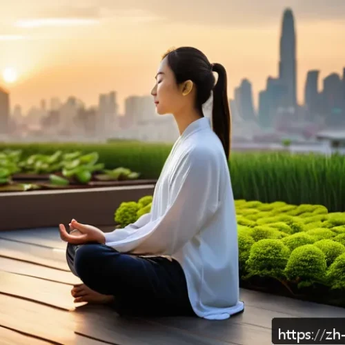 성경에 나오는 가톨릭적 가르침 - A serene modern urban scene at sunset featuring a young adult meditating peacefully on a rooftop gar...