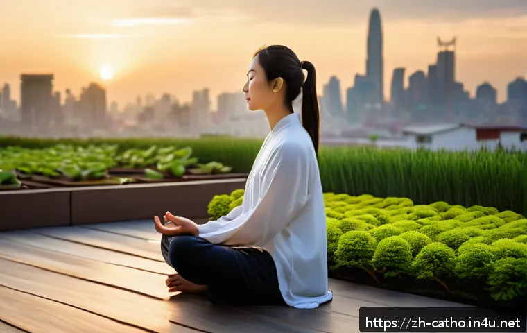 성경에 나오는 가톨릭적 가르침 - A serene modern urban scene at sunset featuring a young adult meditating peacefully on a rooftop gar...