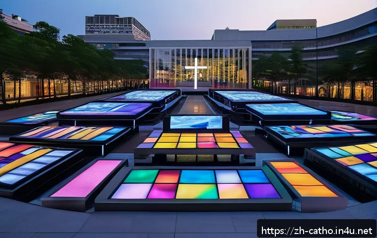 천주교와 공공 예술 프로젝트 - A modern urban public square featuring a large, contemporary sculpture that incorporates Catholic sy...