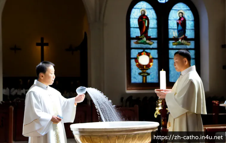 가톨릭 교회의 일곱 성사 - Photorealistic Catholic baptism ceremony inside a bright historic church, priest in simple white ves...
