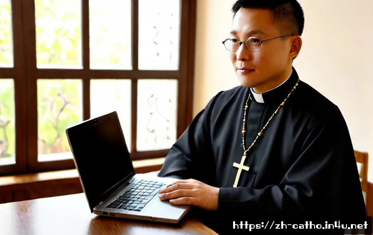 가톨릭에서의 인터넷 선교 - Photorealistic Catholic priest in simple black clerical clothing with a small cross pendant, warmly ...